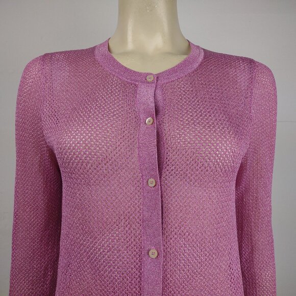 Kate Spade pink metallic open knit semi-sheer button front cardigan Medium - Picture 2 of 8
